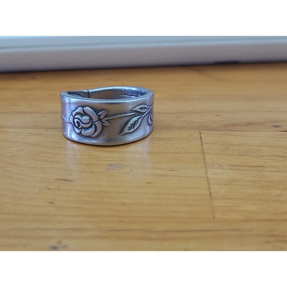 Vintage Floral Rose Spoon Ring Silver Tone Wide Band Size 11.5 12.54g